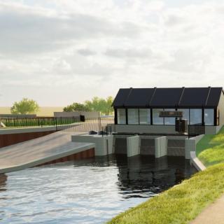 Het nieuwe gemaal Galgenrak bij Hasselt, aanzicht voorzijde